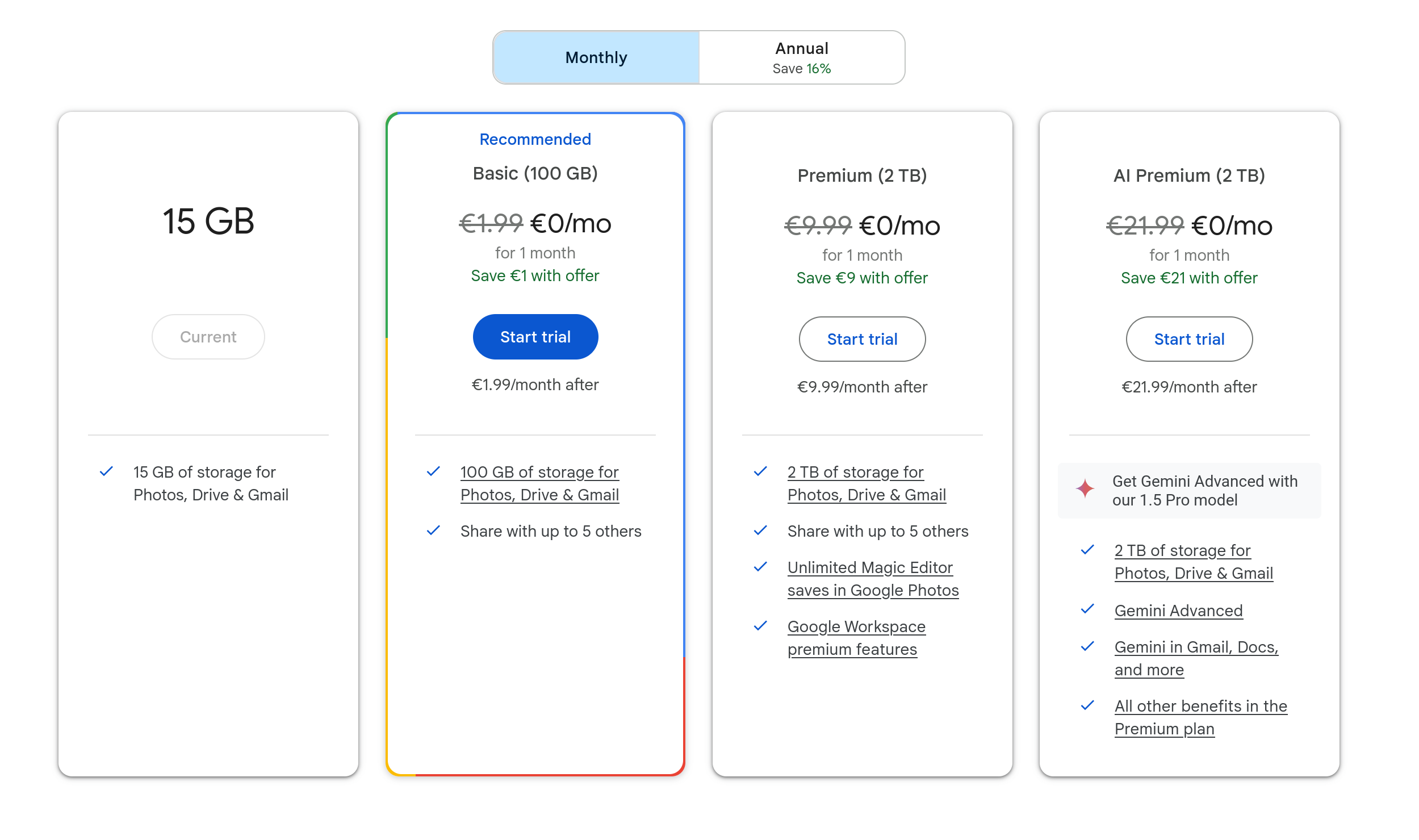 Screenshot of the Google Drive prices