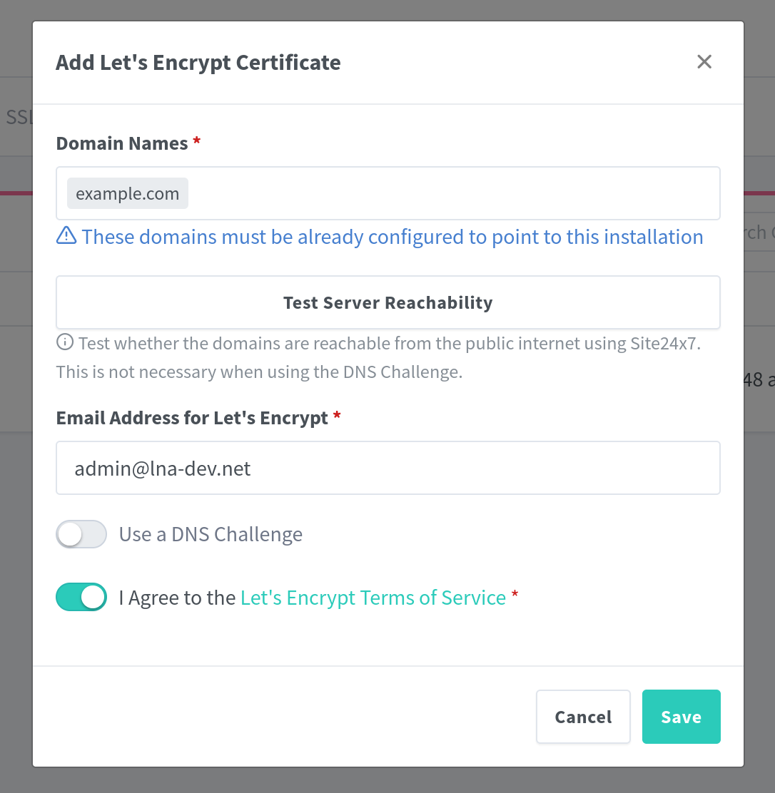 The Let’s Encrypt setup dialog in NPM