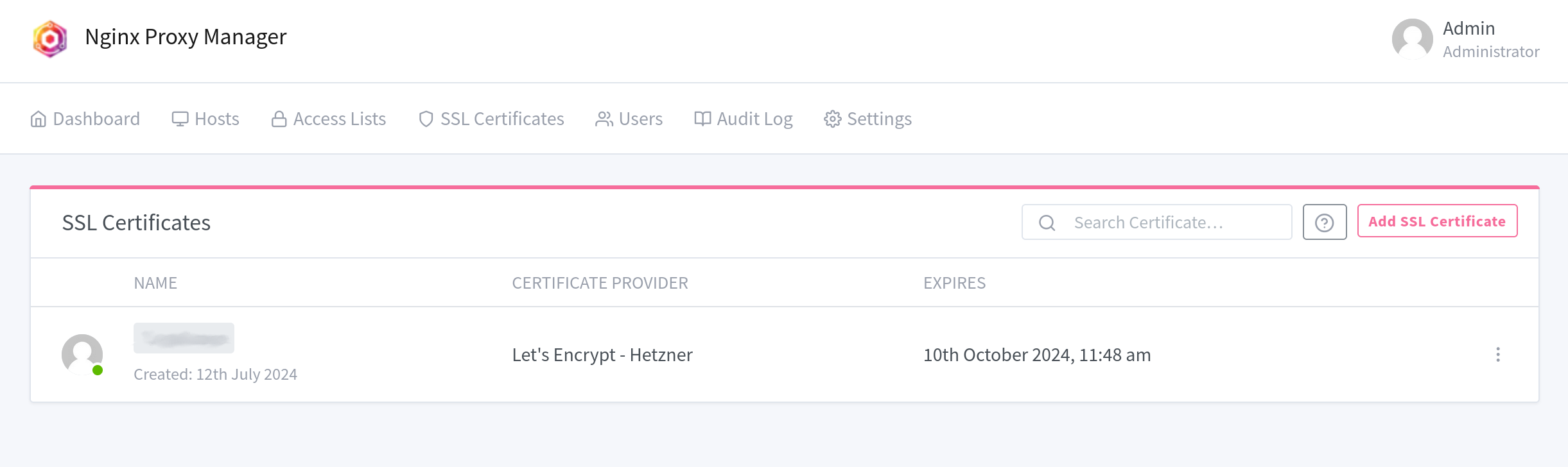 Overview of all TLS certificates in Nginx Proxy Manager