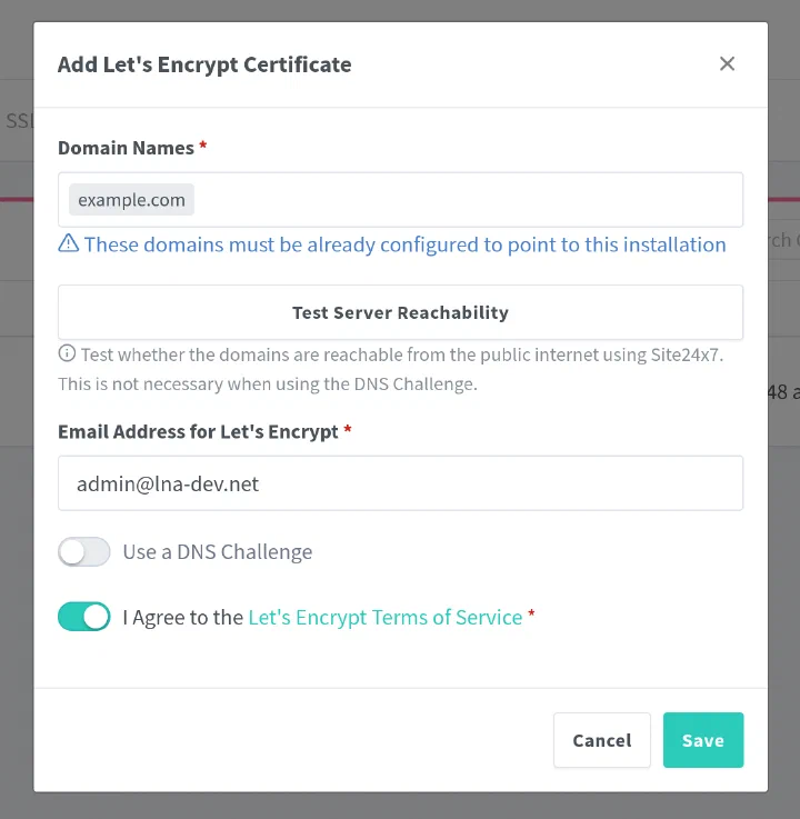 The Let&rsquo;s Encrypt setup dialog in NPM