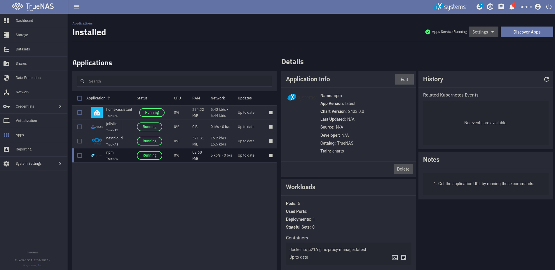 Screenshot of the TrueNAS Scale apps window