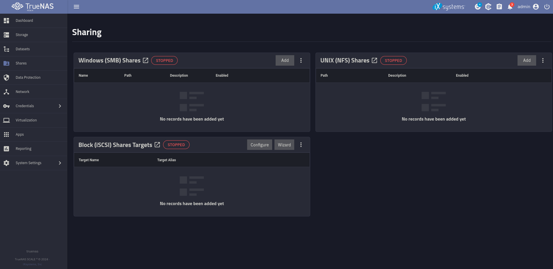 Screenshot of the shares tab of TrueNAS Scale