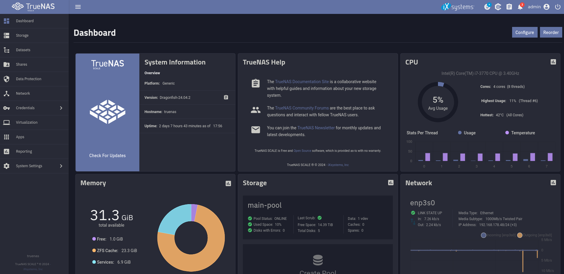 Dashboard of TrueNAS Scale