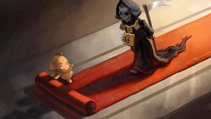 A little Mastodon is rolling out a red carpet for Meta represented as death / a reaper.