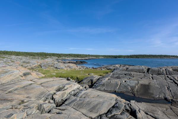 There is a rocky beach with some little ponds in it. You can see a green meadow in between the rocks. Behind it there is the sea and a land mass behind it.