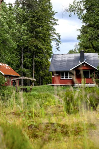 A red nordic house with some picknick furniture outdoors. In the foreground is grass and in the background a forest.