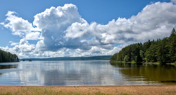 A lake with forest around it and the blue sky above. The clouds are white but massive and have interesting shape.