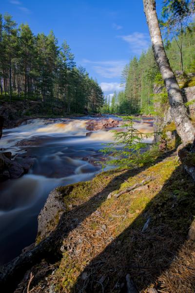 A waterfall with a forest in the background. The water is washed out because of the long exposure. The sky is blue and cloudy.