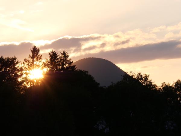 Photo of the sun which is shining threw a few trees with mountains in the background.