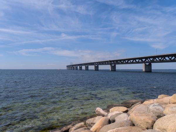 Photo of the Öresundsbron bridge between Malmö and Copenhagen. It was photographed from the Swedish side. You can see Denmark  if you look closely enough.