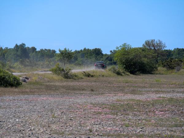 A car driving on a dry road on the Swedish island Öland. You can see a stony foreground and the blue sky in the background.
