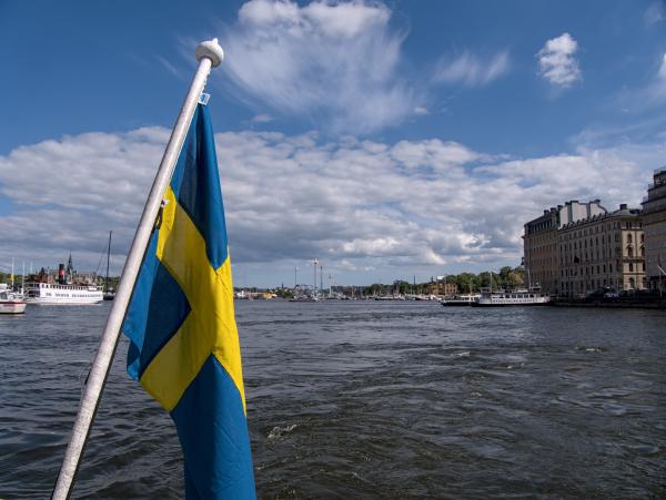 A swedish flag with the sea behind it. In the background there are several boats and some building of Stockholm