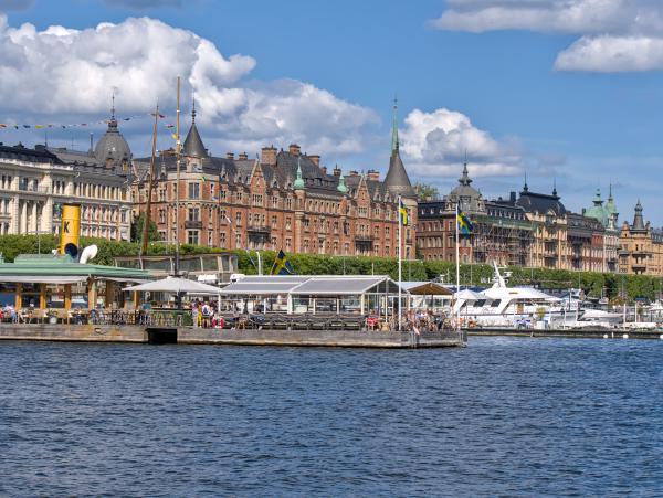 Some old looking swedish buildings next to a little port.