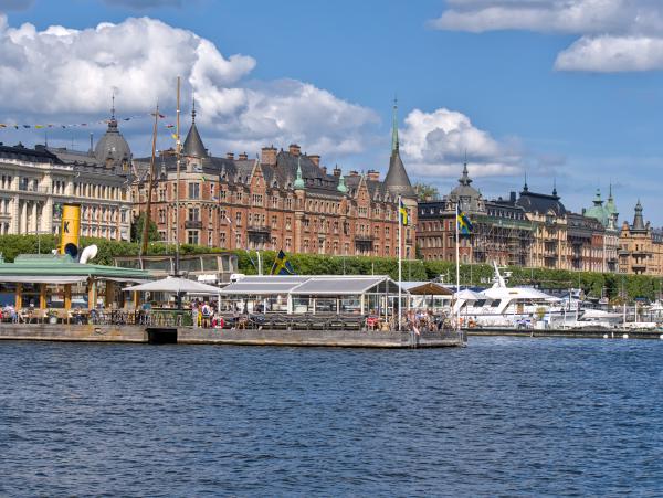 Some old looking swedish buildings next to a little port.