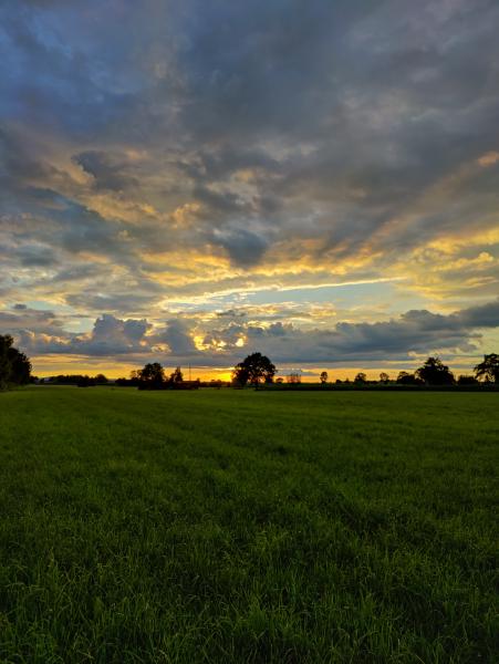 The setting sun casting a warm glow on clouds, with a bright blue sky peering through.