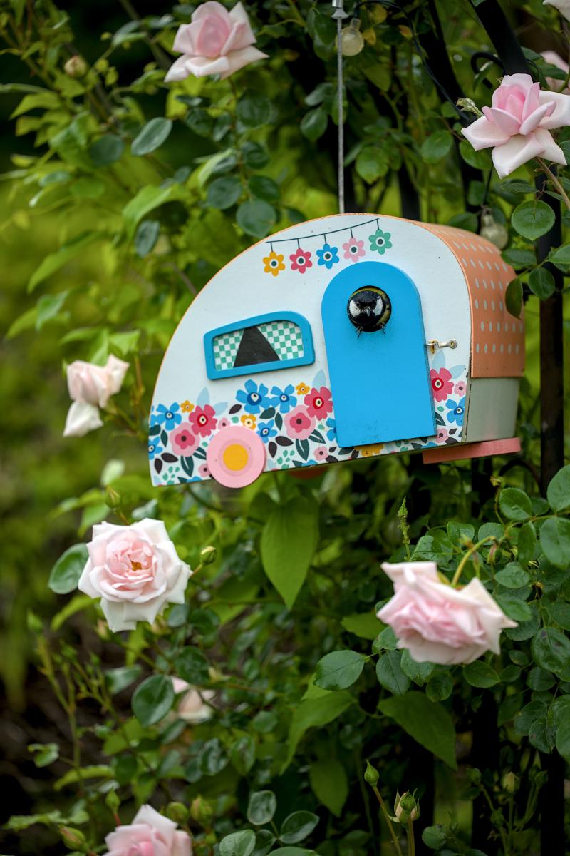 This is a photo of a cute bird with a little bird house in a caravan style. The bird house is hanging in a rose bush so the background is green with some roses.