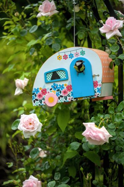 Dies ist ein Foto eines niedlichen Vogels mit einem kleinen Vogelhaus im Wohnwagen-Stil. Das Vogelhaus hängt in einem Rosenbusch, daher ist der Hintergrund grün mit einigen Rosen.
