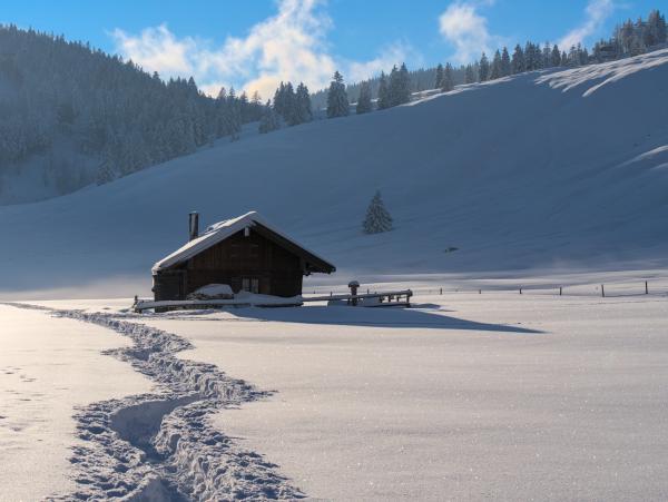 A mountain hut in the snow. A path goes through the snow and disappears in the background. You can see the forest and mountains in the background.