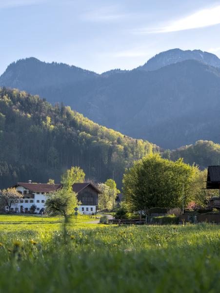 An old farm building next to the Bavarian Alps. The sky is bluish with some white clouds. There is a road snaking through the image.