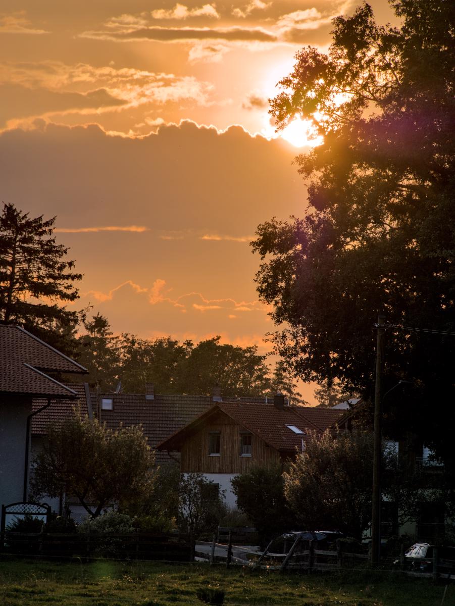 En liten by i solnedgången. Den molniga himlen är orange och solen skiner genom träden.