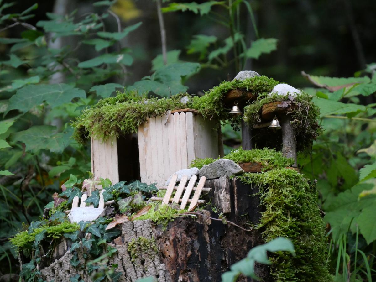 A small handmade house of wooden sticks with a moss roof and two tiny bells stands on a mossy tree stump in the forest, with an ivy-covered terrace and a little fence in front of it.