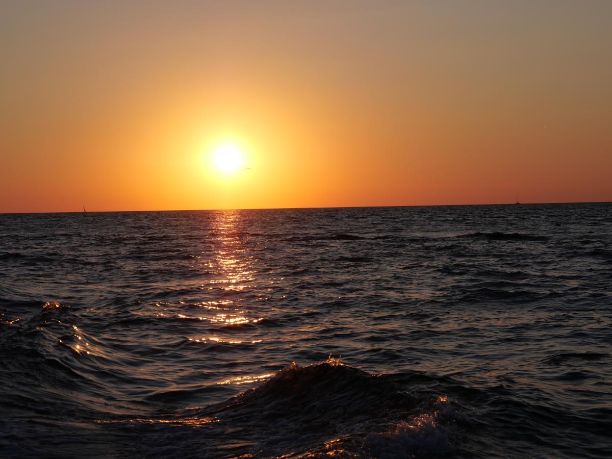 Goldenes Sonnenlicht, das sich bei Sonnenuntergang in den sanften Wellen des Meeres spiegelt.